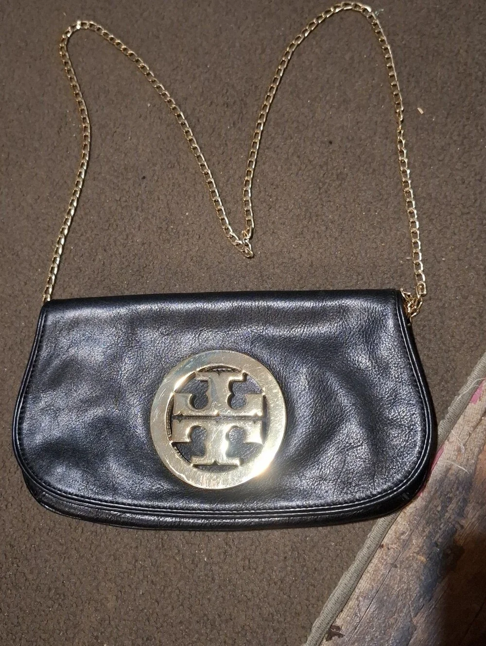 Tory Burch Black Leather Clutch with Gold Logo